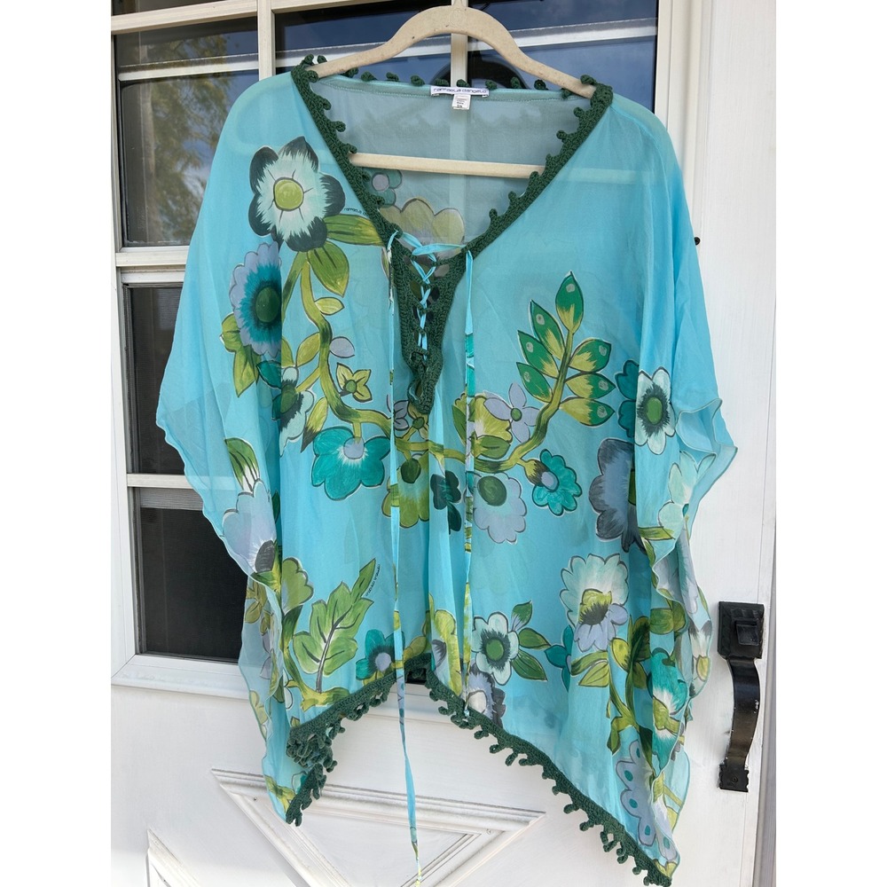 Raffaela D'Angelo Silk Kaftan Top Blue Floral Crochet Trim Made in Italy‎ Small